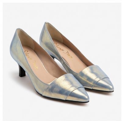 Iridescent Metallic Leather Pointed-Toe Kitten Heels
