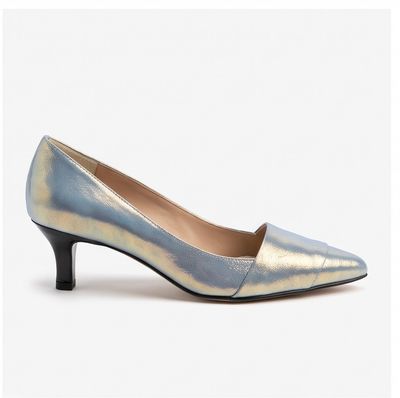 Iridescent Metallic Leather Pointed-Toe Kitten Heels