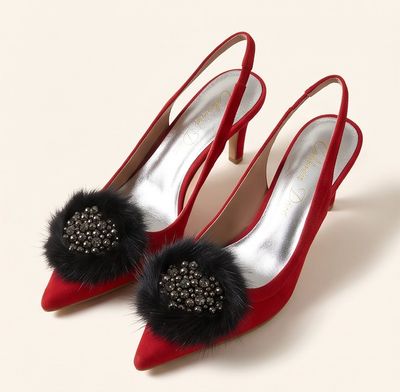 Slingback Heels with Jeweled Mink Bow
