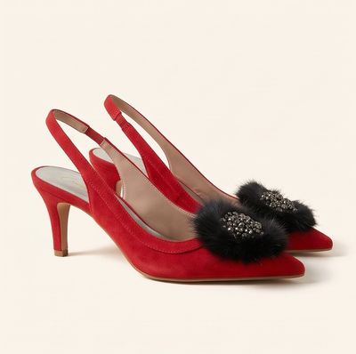 Slingback Heels with Jeweled Mink Bow