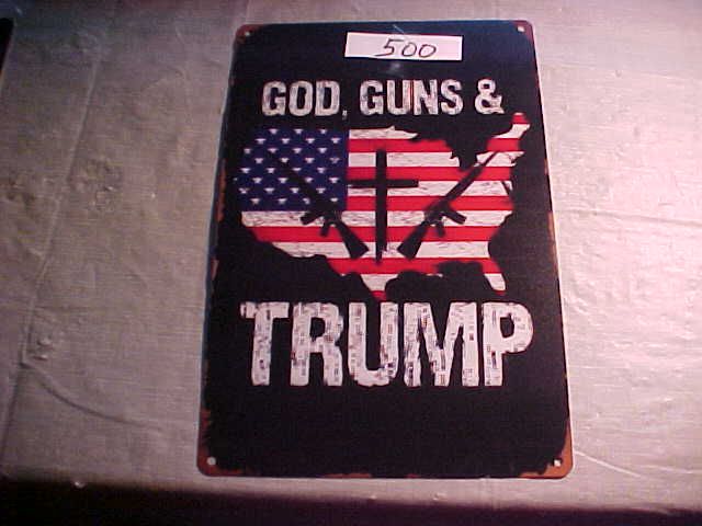 # 500 - God, Guns &amp; Trump Vintage Metal Wall Sign - 8x12 Inch, Distressed American Flag Design with Crossed Rifles
