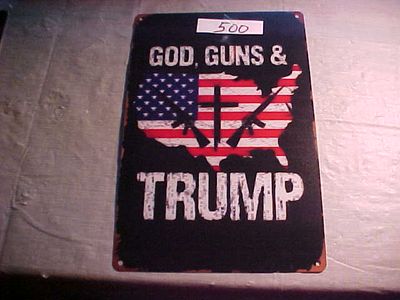 # 500 - God, Guns &amp; Trump Vintage Metal Wall Sign - 8x12 Inch, Distressed American Flag Design with Crossed Rifles