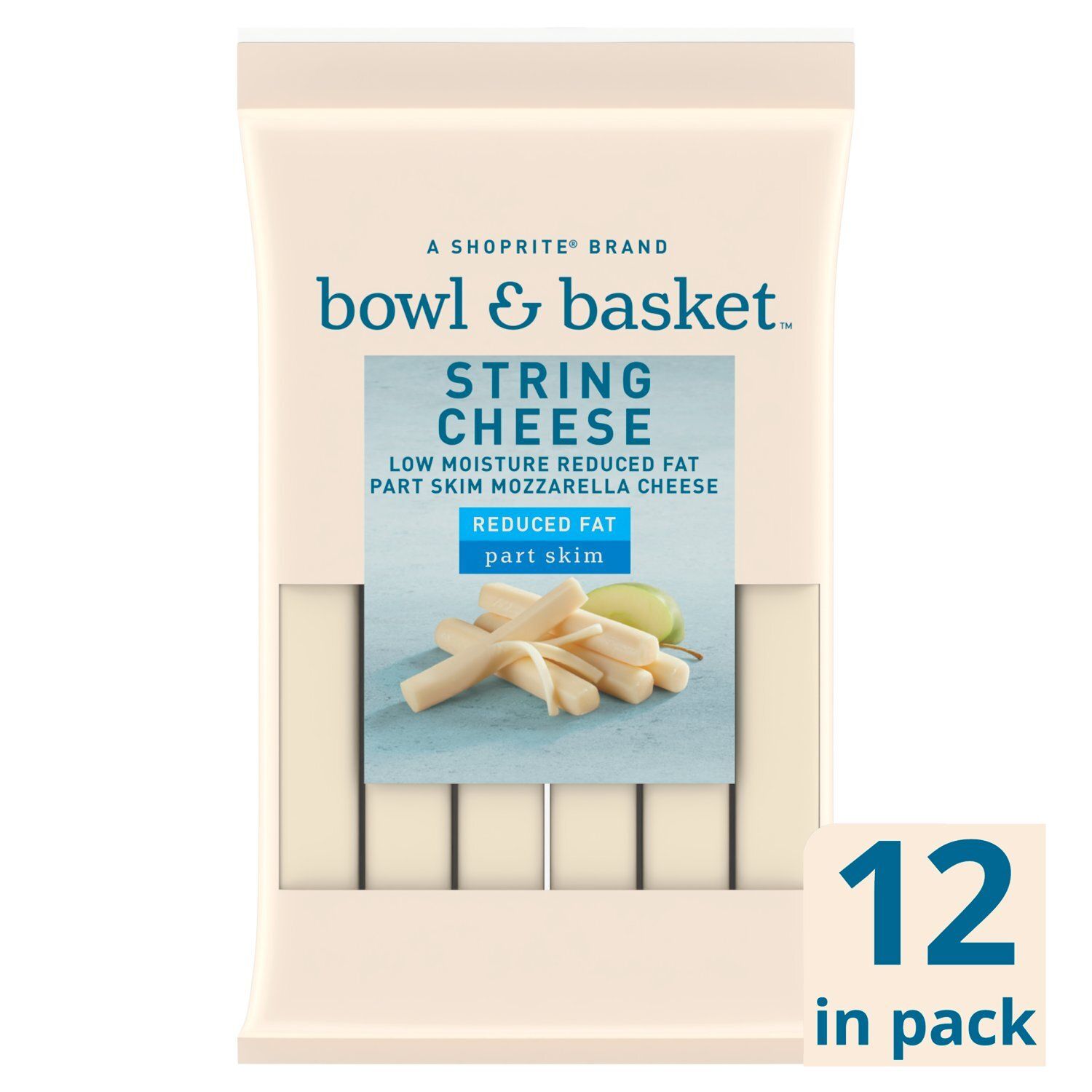 Bowl &amp; Basket Reduced Fat Low Moisture Part Skim Mozzarella String Cheese, 12 count, 12 oz