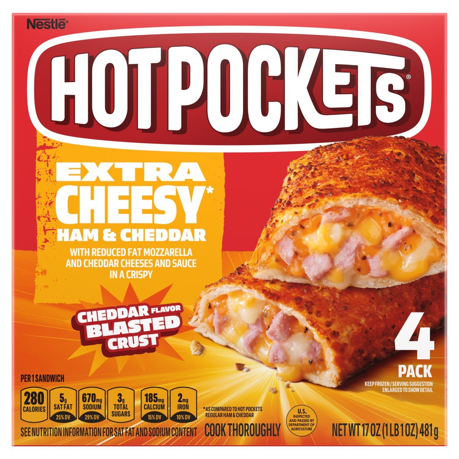 Hot Pockets Extra Cheesy Ham &amp; Cheddar Flavor Blasted Crust Sandwiches, 4 count, 17 oz