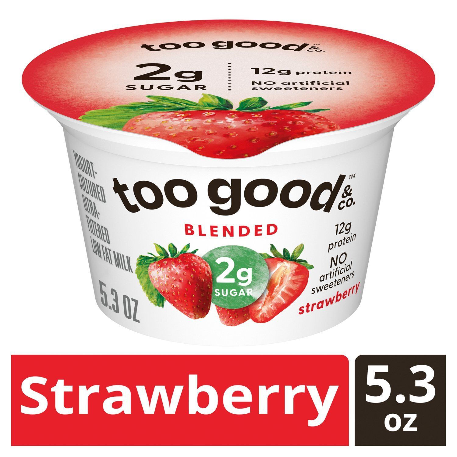 Too Good &amp; Co. Strawberry Blended Yogurt-Cultured Ultra-Filtered Low Fat Milk, 5.3 oz