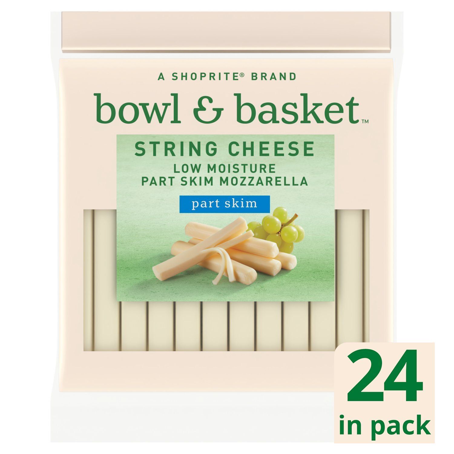 Bowl &amp; Basket Low Moisture Part Skim Mozzarella String Cheese, 24 count, 24 oz