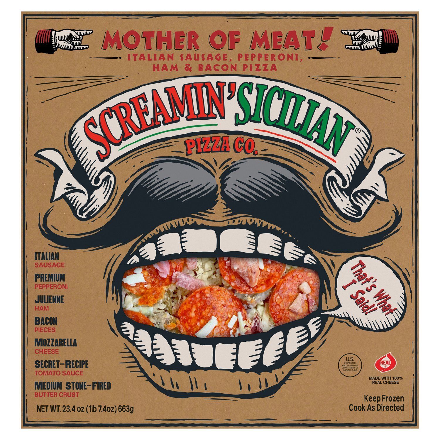 Screamin&#39; Sicilian Pizza Co. Mother Of Meat! Italian Sausage, Pepperoni Ham &amp; Bacon Pizza, 23.4 oz