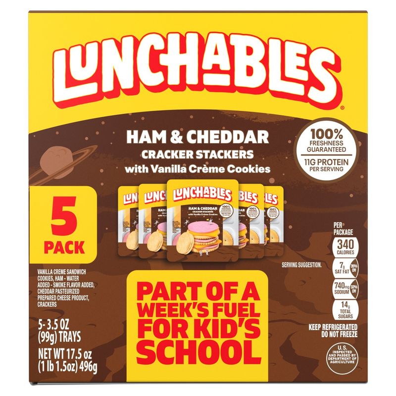 Lunchables Ham and Cheddar Cracker Stackers with Vanilla Crème Cookies, 3.5 oz, 5 count
