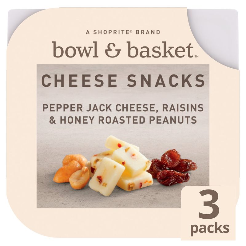 Bowl &amp; Basket Pepper Jack, Raisins &amp; Honey Roasted Peanuts Cheese Snacks, 1.5 oz, 3 count