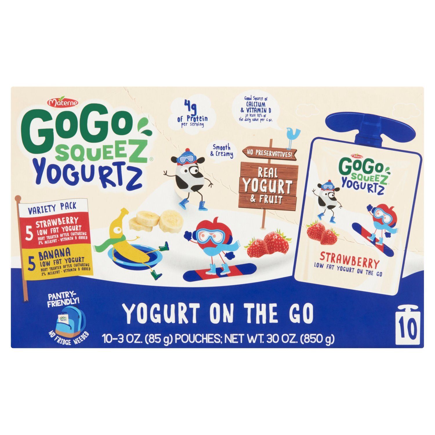 Gogo Squeez Yogurtz Banana and Strawberry Low Fat Yogurt Variety Pack, 3 oz, 10 count