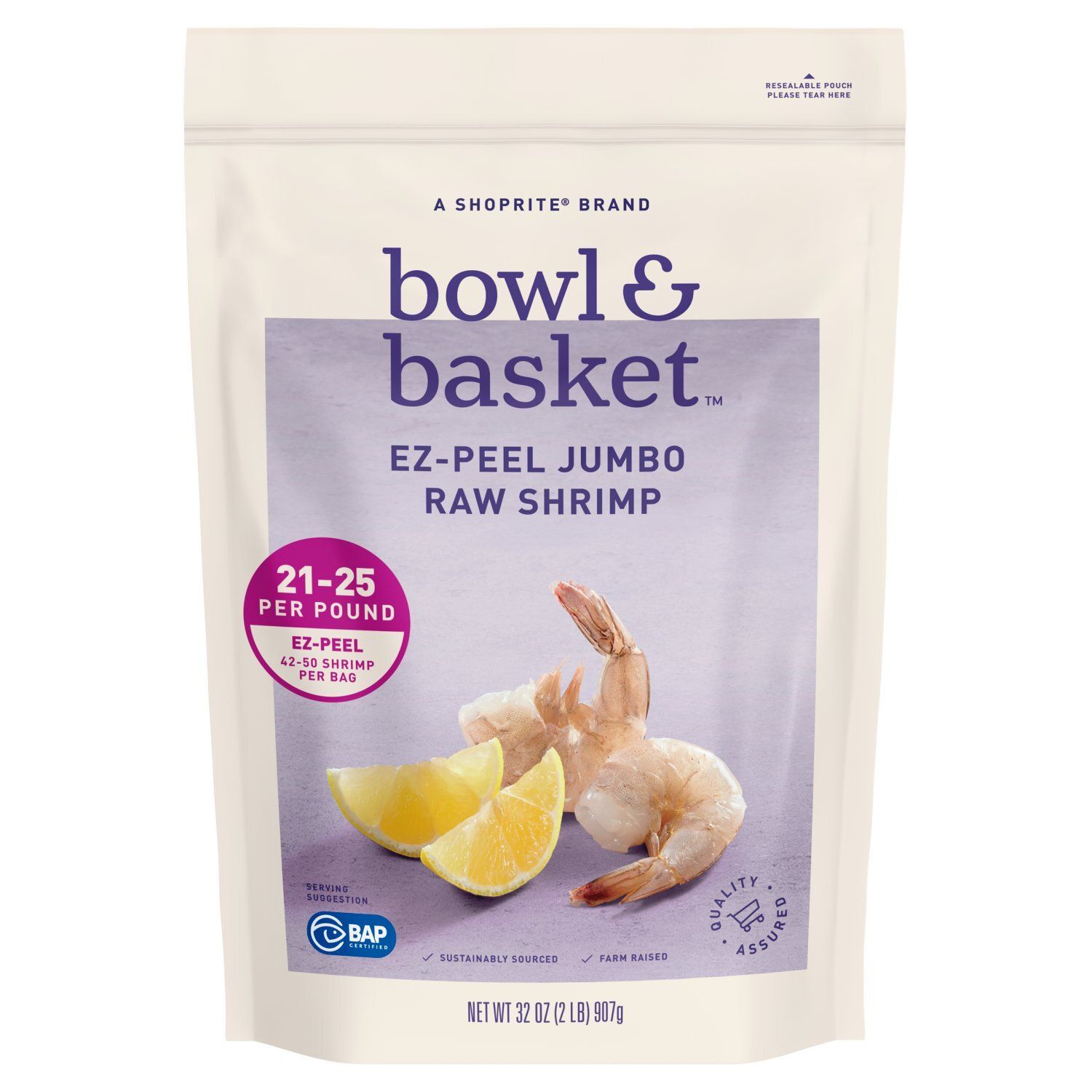Bowl &amp; Basket Ez-Peel Raw Shrimp, Jumbo, 42-50 shrimp per bag, 32 oz