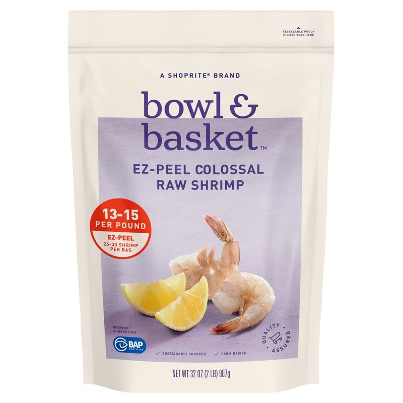 Bowl &amp; Basket Ez-Peel Raw Shrimp, Colossal, 26-30 shrimp per bag, 32 oz