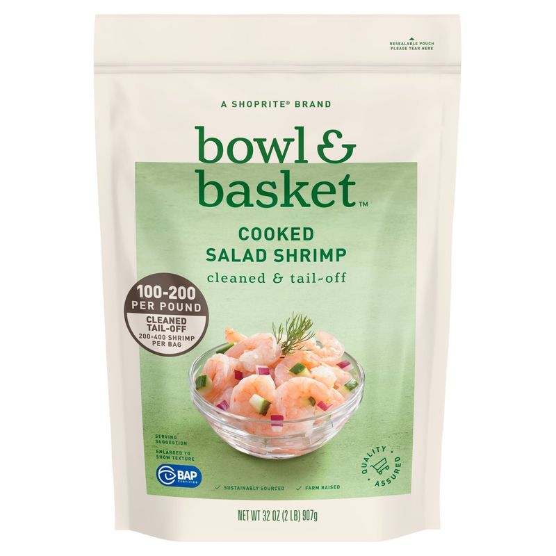 Bowl &amp; Basket Cleaned &amp; Tail-Off Cooked Salad Shrimp, 200-400 shrimp per bag, 32 oz
