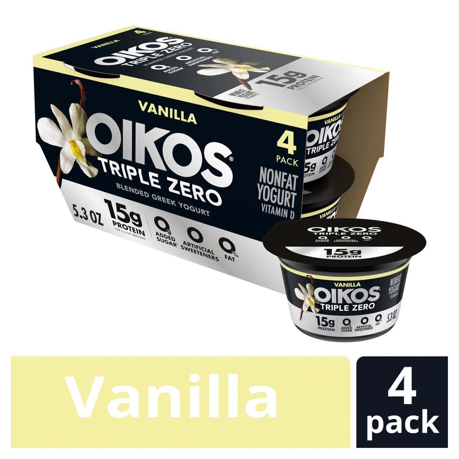 Oikos Triple Zero Vanilla Blended Greek Nonfat Yogurt, 5.3 oz, 4 count