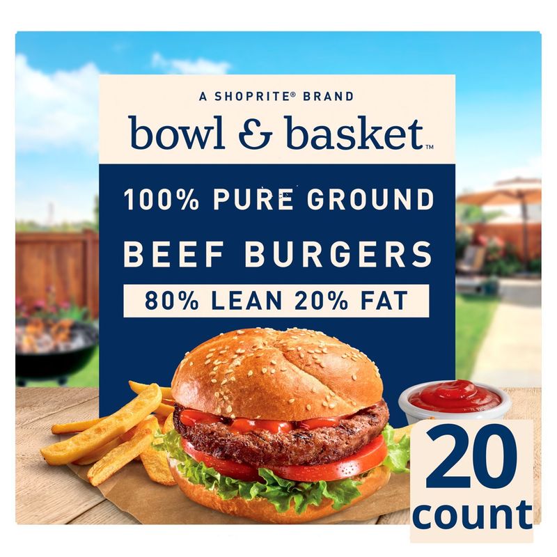 Bowl &amp; Basket 80% Lean 20% Fat Beef Burgers, 1/4 lb, 20 count