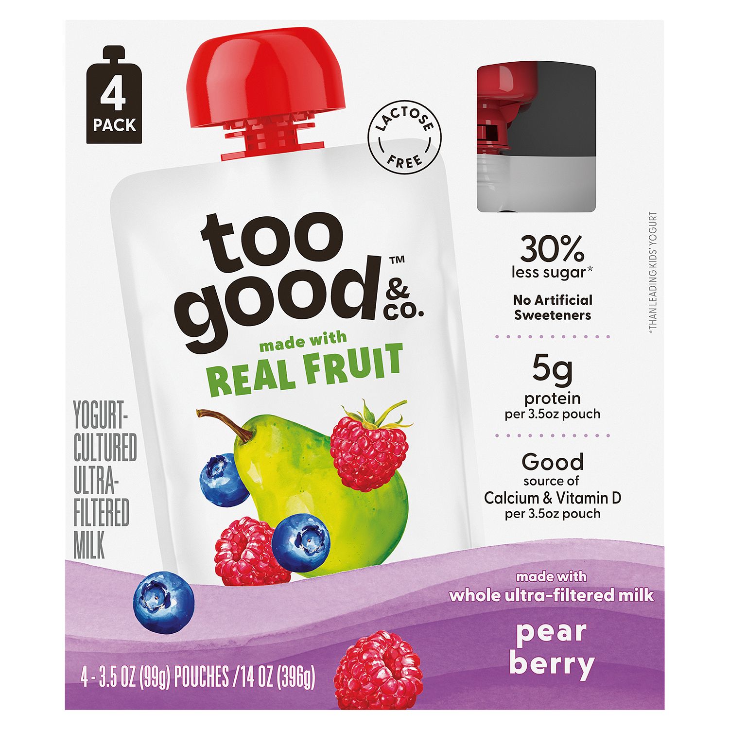 Too Good &amp; Co. Pear Berry Yogurt-Cultured Ultra-Filtered Milk, 3.5 oz, 4 count