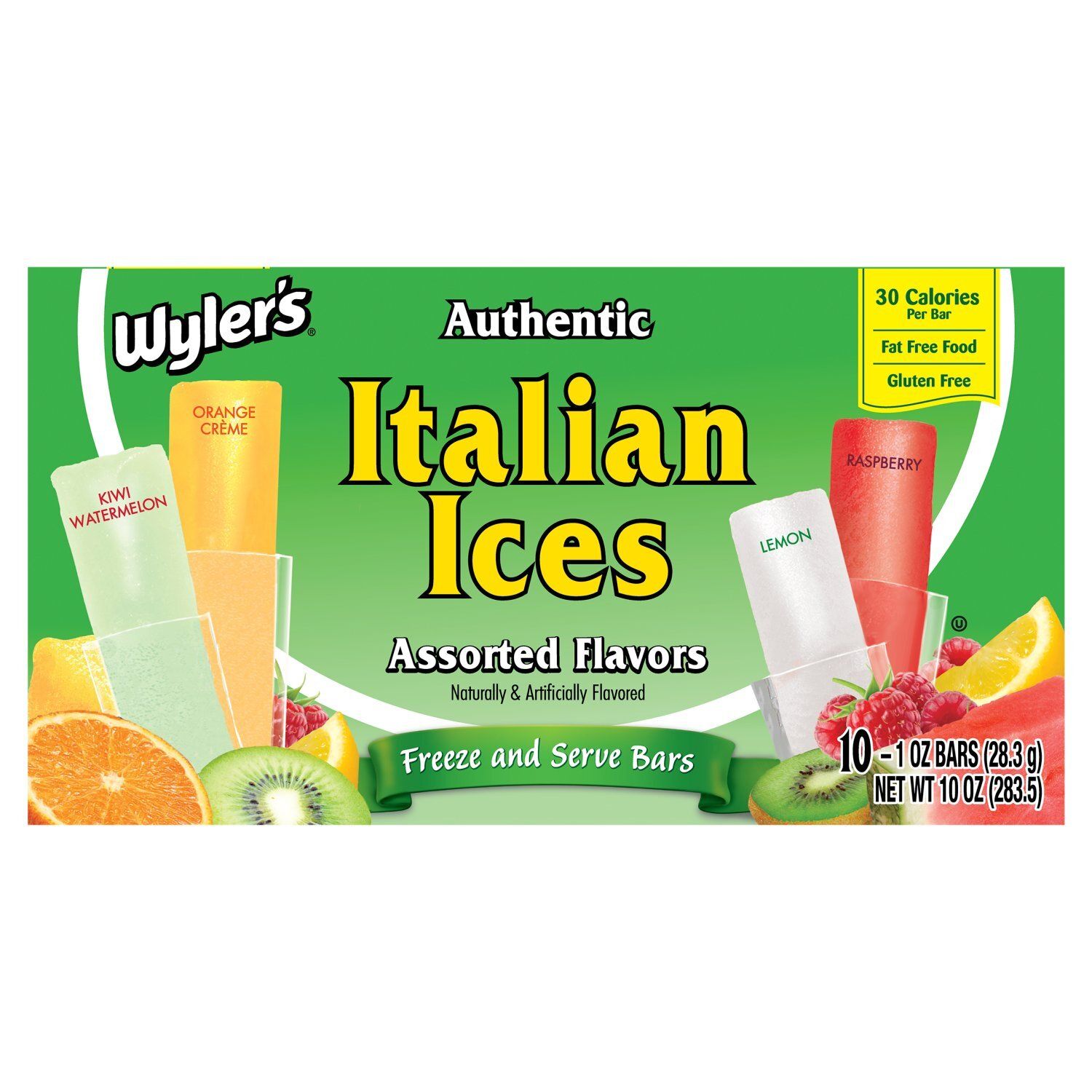 Wyler&#39;s Authentic Italian Ices Assorted Flavors Freeze and Serve Bars, 1 oz, 10 count