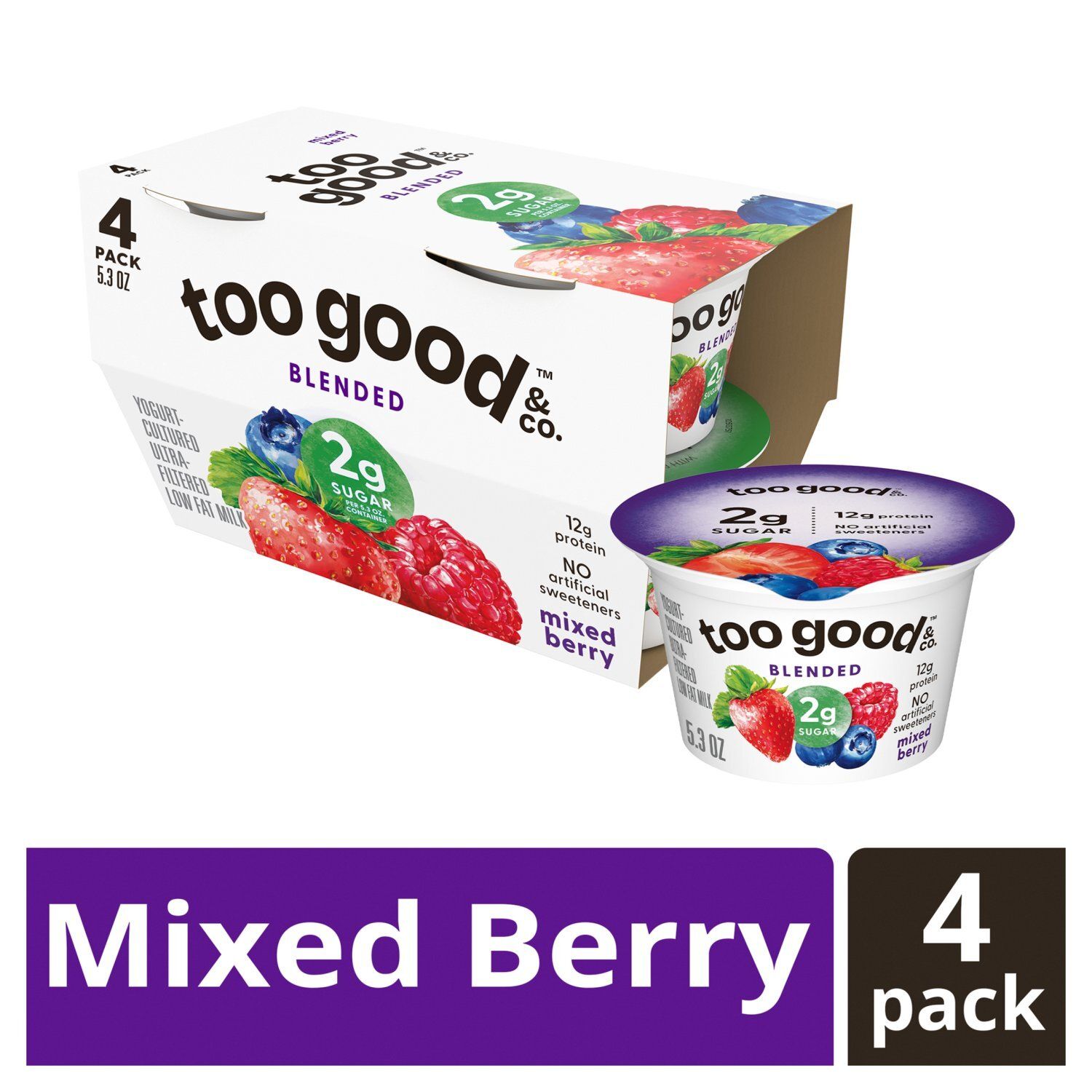 Too Good &amp; Co. Mixed Berry Blended Yogurt-Cultured Ultra-Filtered Low Fat Milk, 5.3 oz, 4 count