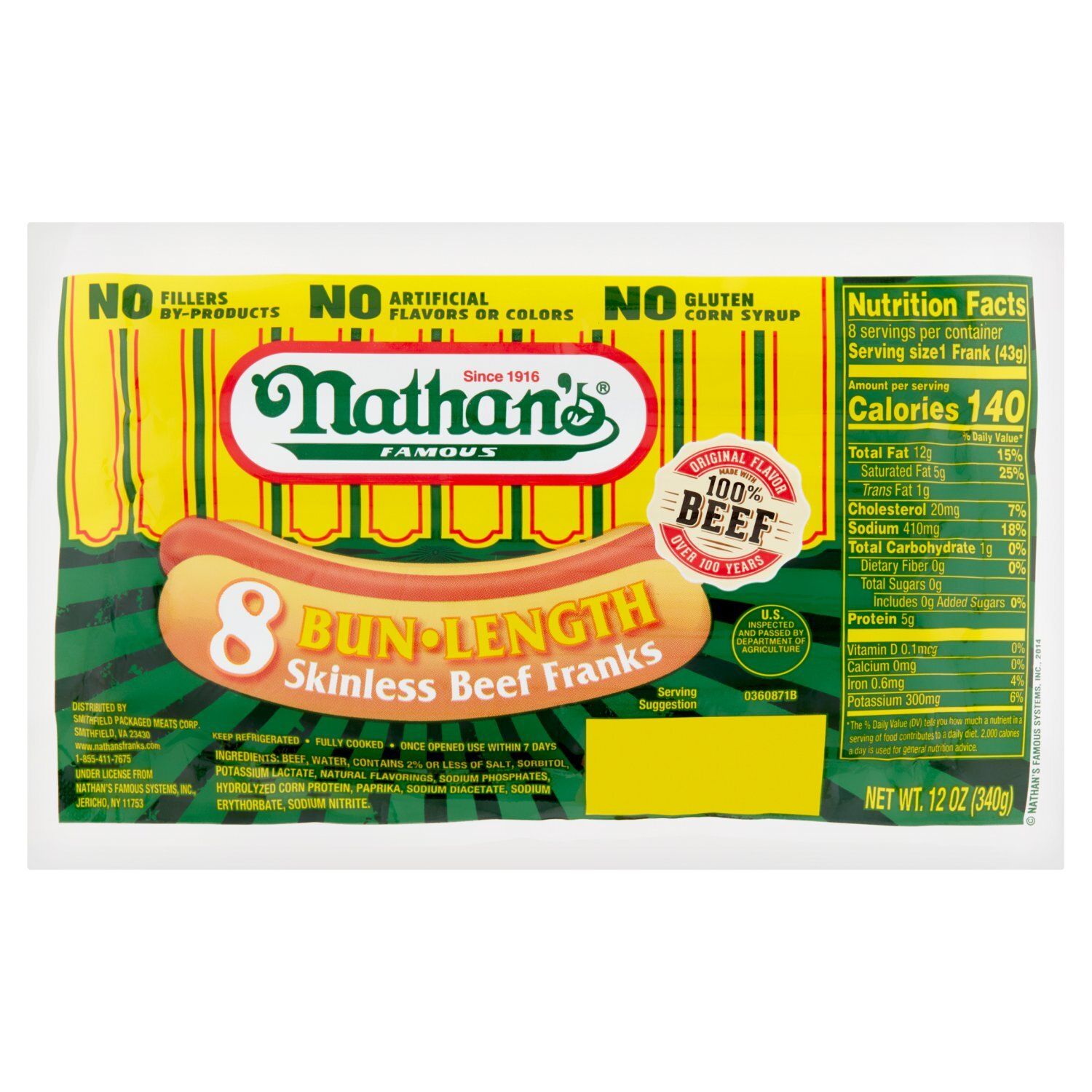 Nathan&#39;s Famous Bun-Length Skinless Beef Franks, 8 count, 12 oz