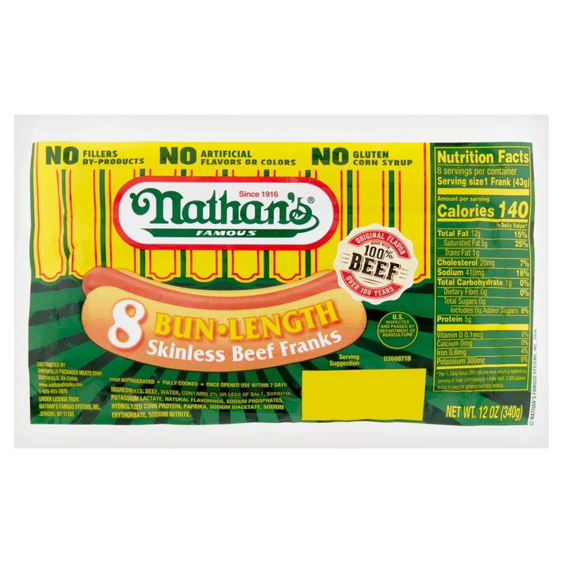 Nathan&#39;s Famous Bun-Length Skinless Beef Franks, 8 count, 12 oz