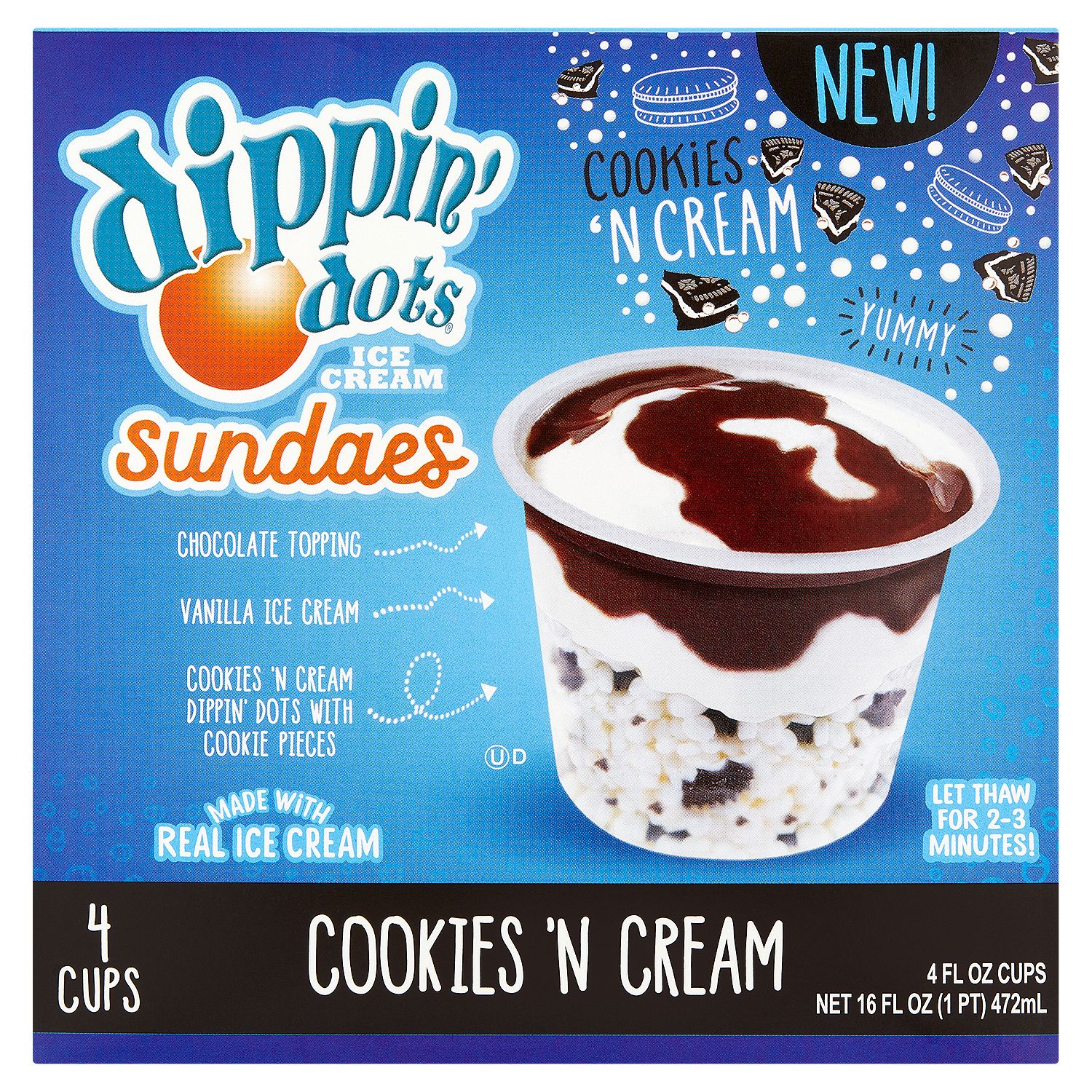 Dippin&#39; Dots Sundaes Cookies &#39;N Cream Ice Cream, 4 fl oz, 4 count