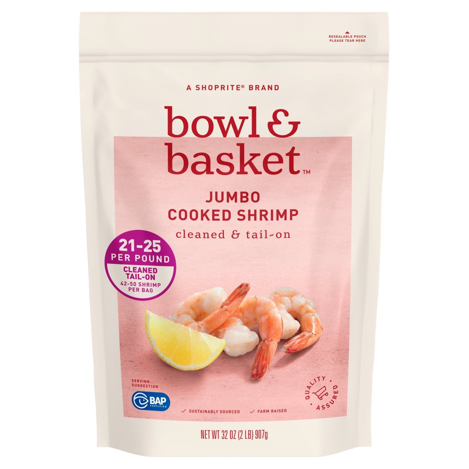 Bowl &amp; Basket Cleaned &amp; Tail-On Cooked Shrimp, Jumbo, 42-50 shrimp per bag, 32 oz