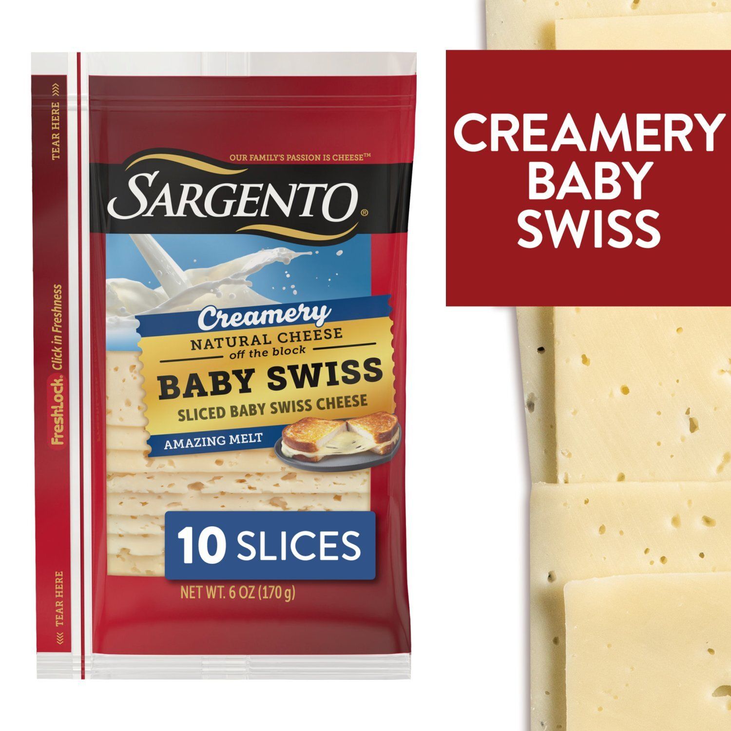 Sargento Creamery Sliced Baby Swiss Natural Cheese, 10 count, 6 oz
