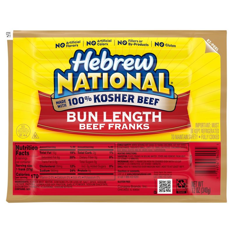 Hebrew National Bun Length Beef Franks, 12 oz