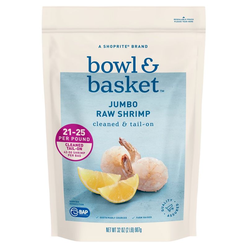 Bowl &amp; Basket Cleaned &amp; Tail-On Raw Shrimp, Jumbo, 42-50 shrimp per bag, 32 oz