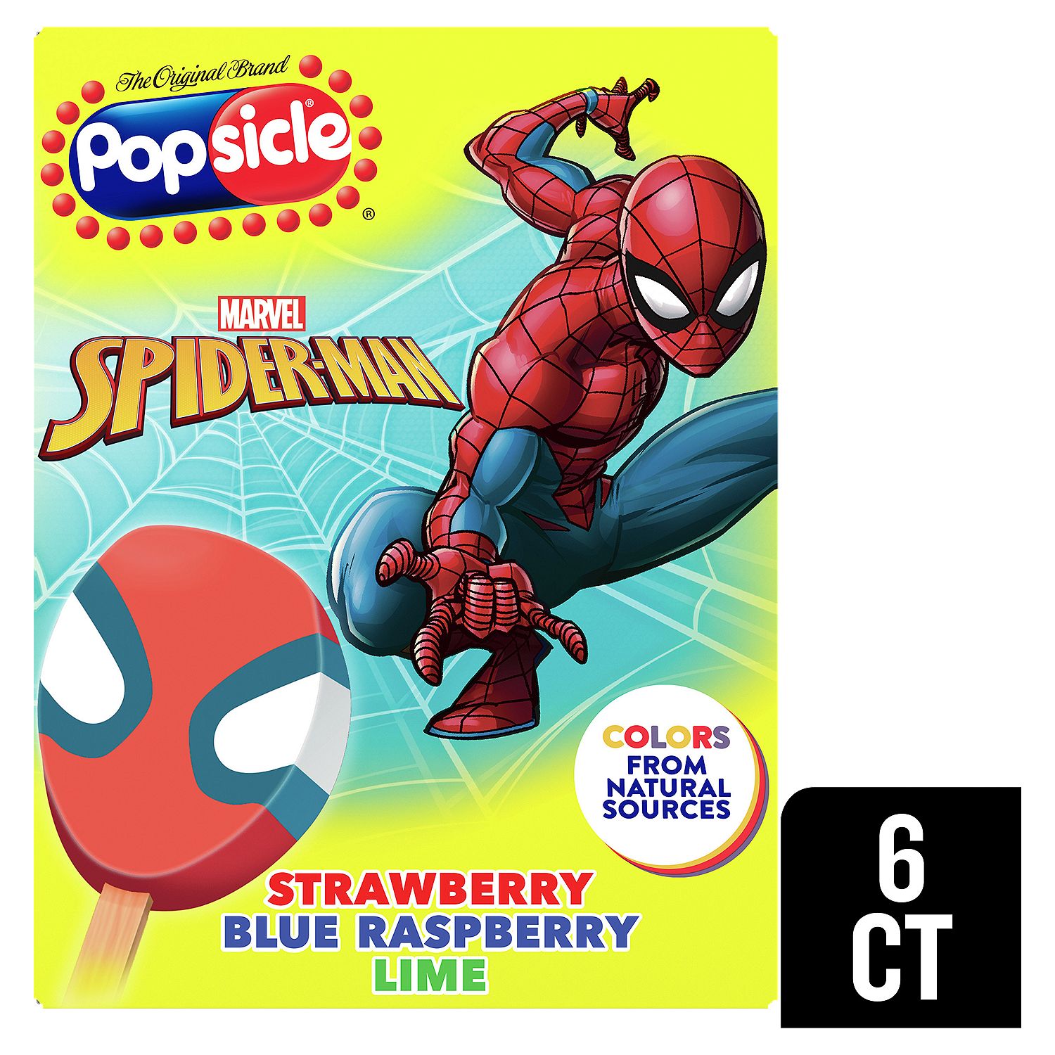 Popsicle Marvel Spider-Man Strawberry Blue Raspberry Lime Frozen Confection Bar, 6 count, 12 fl oz