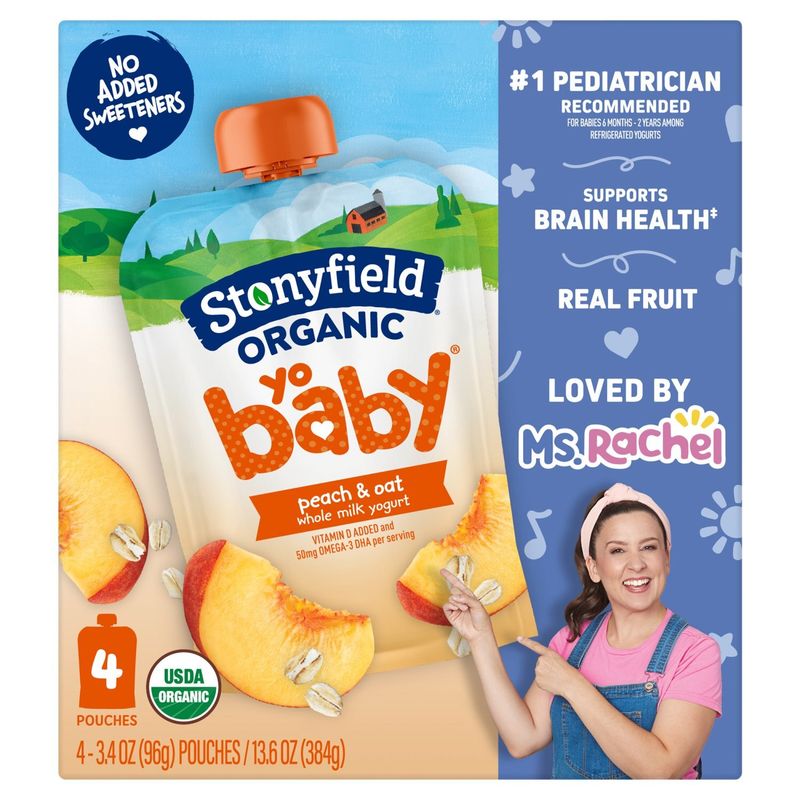 Stonyfield Organic Yobaby Peach &amp; Oat Whole Milk Yogurt, 3.4 oz, 4 count