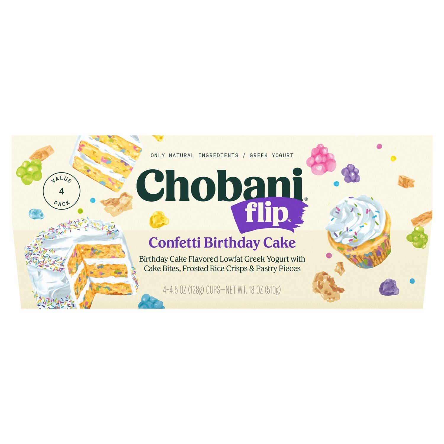 Chobani Flip Confetti Birthday Cake Greek Yogurt Value Pack, 4.5 oz, 4 count
