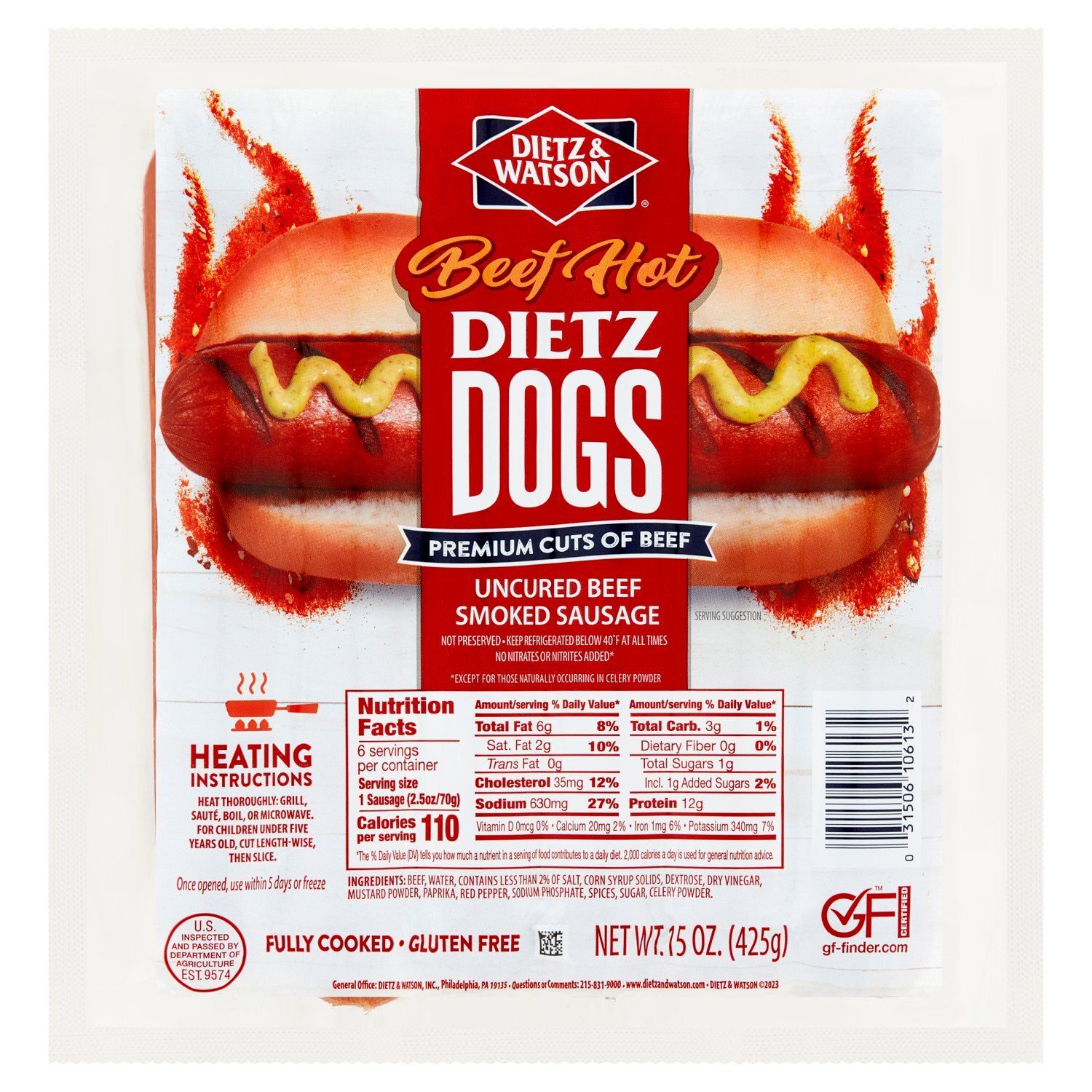 Dietz &amp; Watson Dietz Dogs Hot Uncured Beef Smoked Sausage, 15 oz