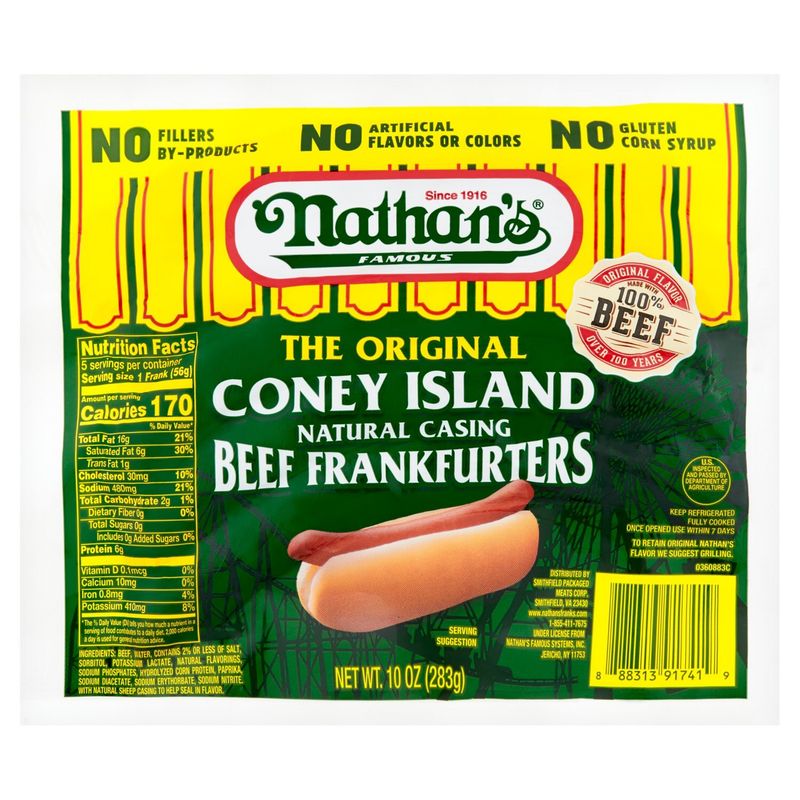 Nathan&#39;s Famous the Original Coney Island Natural Casing Beef Frankfurters, 10 oz