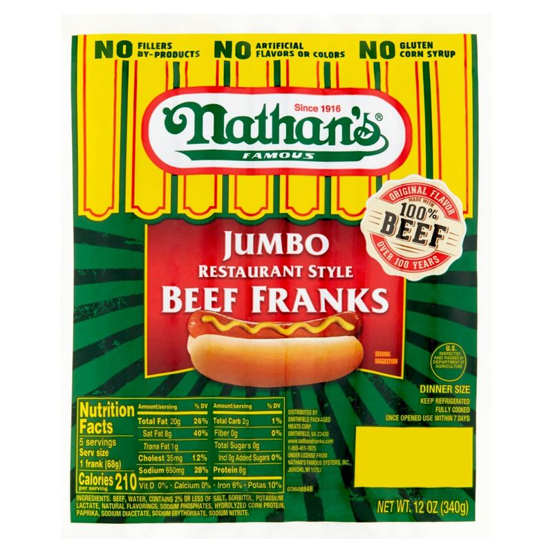 Nathan&#39;s Famous Jumbo Restaurant Style Beef Franks Dinner Size, 12 oz