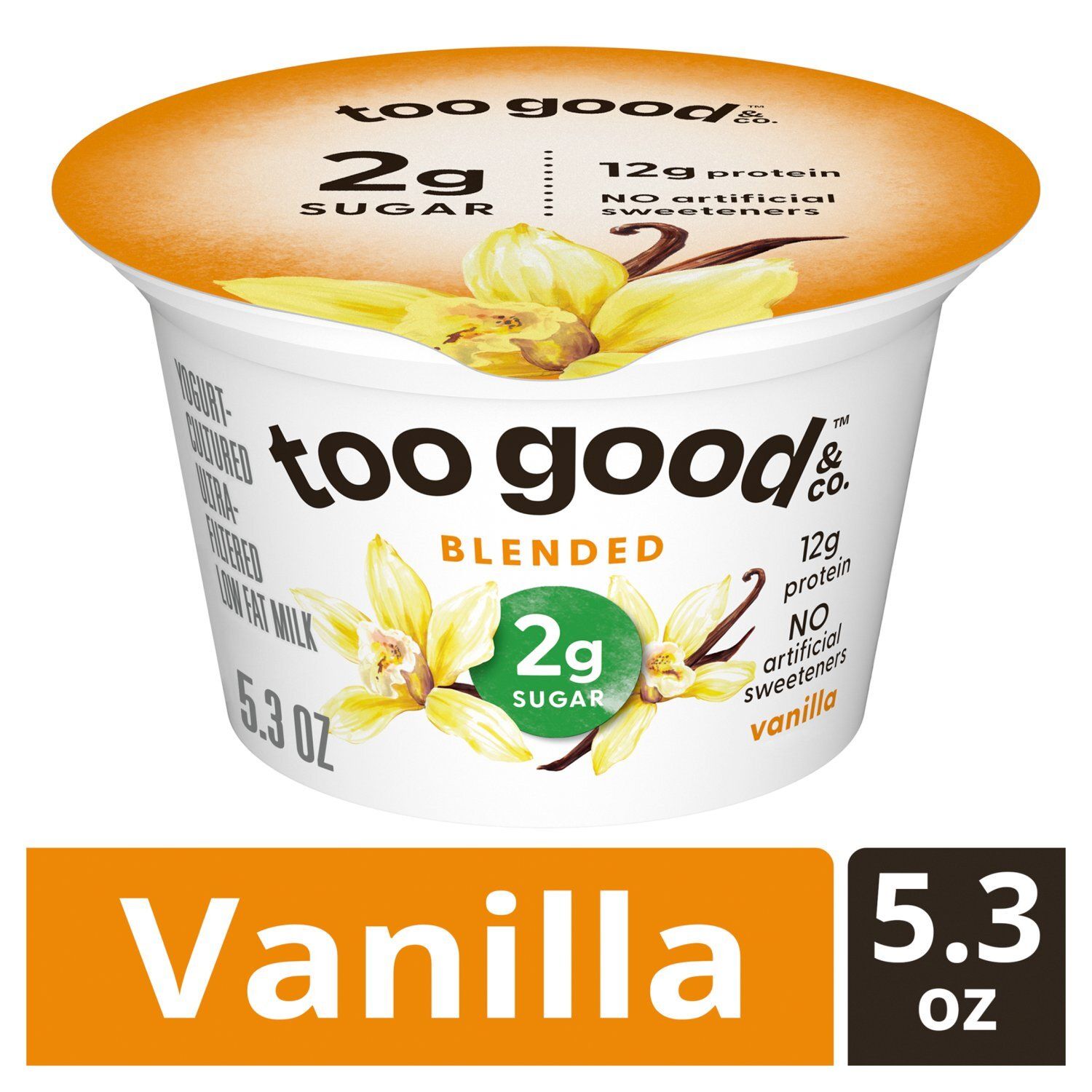 Too Good &amp; Co. Vanilla Blended Yogurt-Cultured Ultra-Filtered Low Fat Milk, 5.3 oz