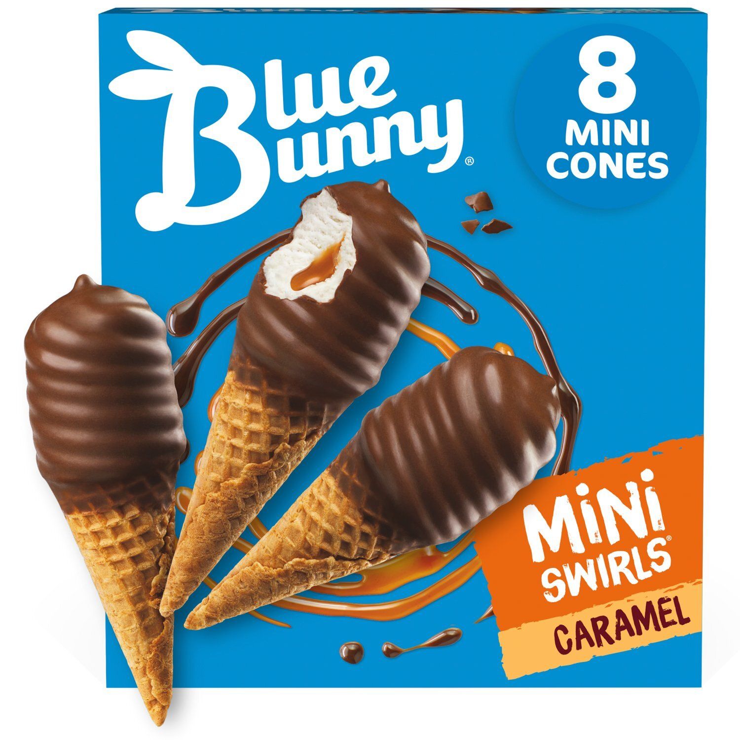 Blue Bunny Mini Swirls Caramel Frozen Dairy Dessert, 2.25 fl oz, 8 count