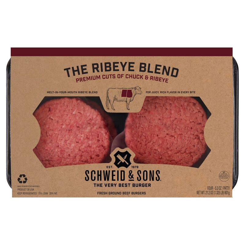 Schweid &amp; Sons The Ribeye Blend Fresh Ground Beef Burgers Patty, 5.3 oz, 4 count