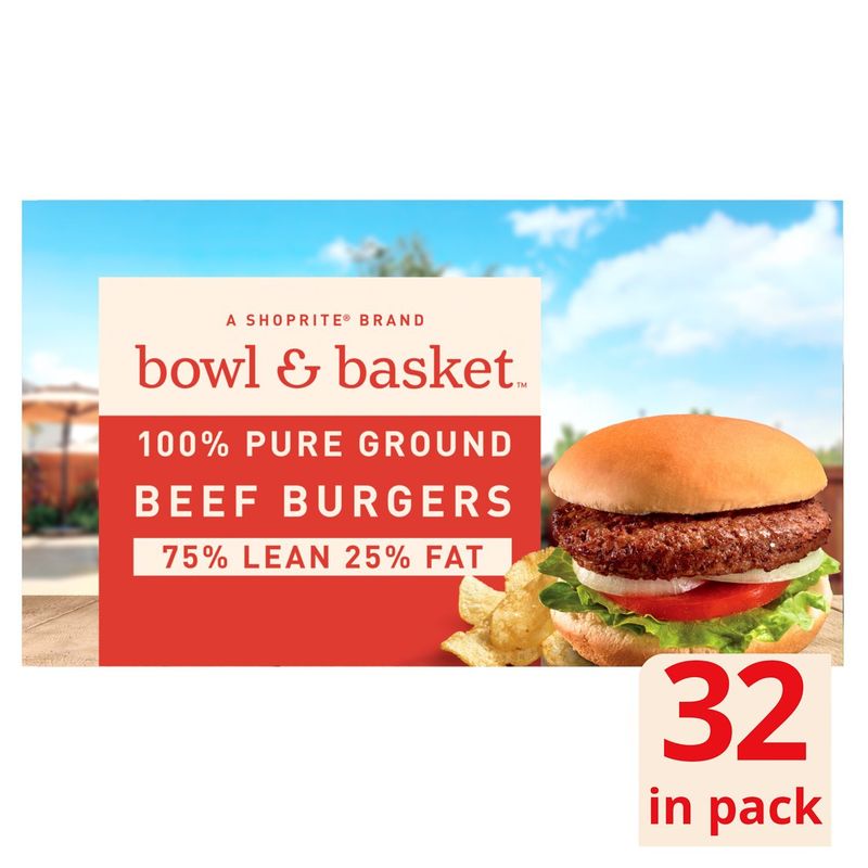 Bowl &amp; Basket 75% Lean 25% Fat Beef Burgers, 1/4 pound, 32 count