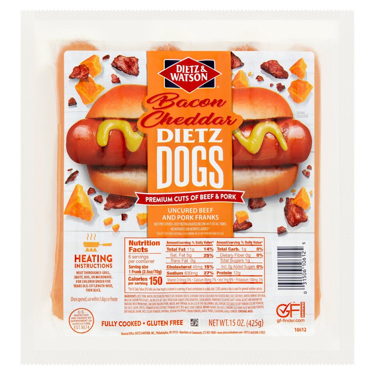 Dietz &amp; Watson Dietz Dogs Bacon Cheddar Uncured Beef and Pork Franks, 6 count, 15 oz