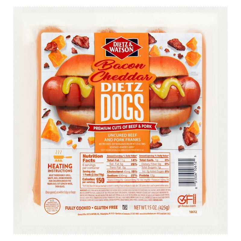 Dietz &amp; Watson Dietz Dogs Bacon Cheddar Uncured Beef and Pork Franks, 6 count, 15 oz