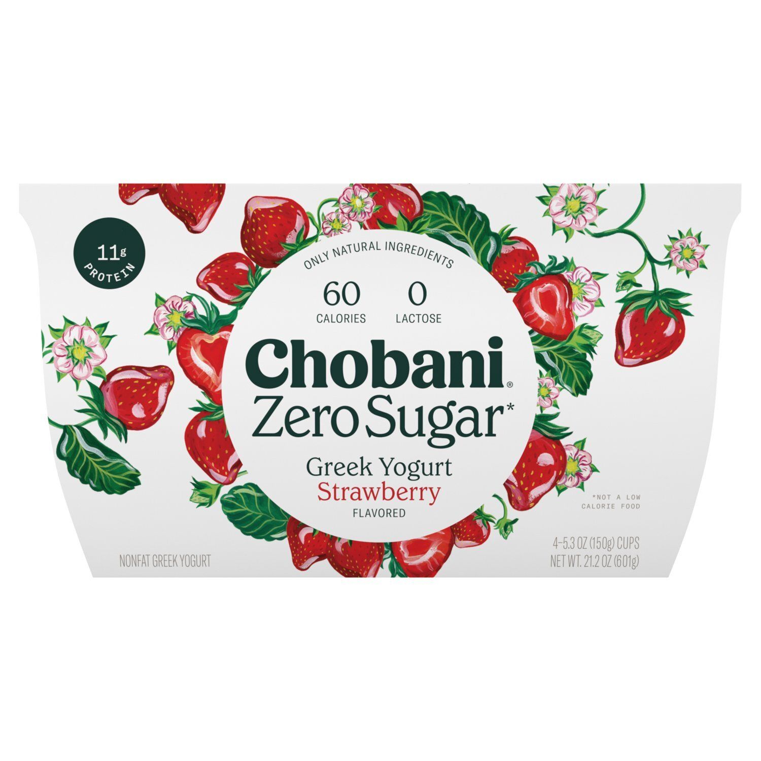 Chobani Zero Sugar Strawberry Flavored Nonfat Greek Yogurt, 5.3 oz, 4 count