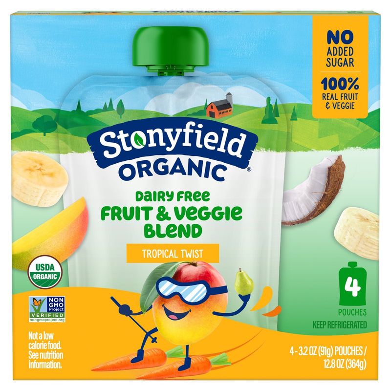 Stonyfield Organic Tropical Twist Dairy Free Fruit &amp; Veggie Blend, 3.2 oz, 4 count