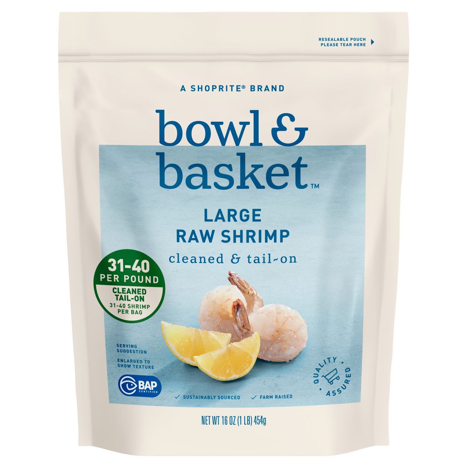 Bowl &amp; Basket Cleaned &amp; Tail-On Raw Shrimp, Large, 31-40 shrimp per bag, 16 oz