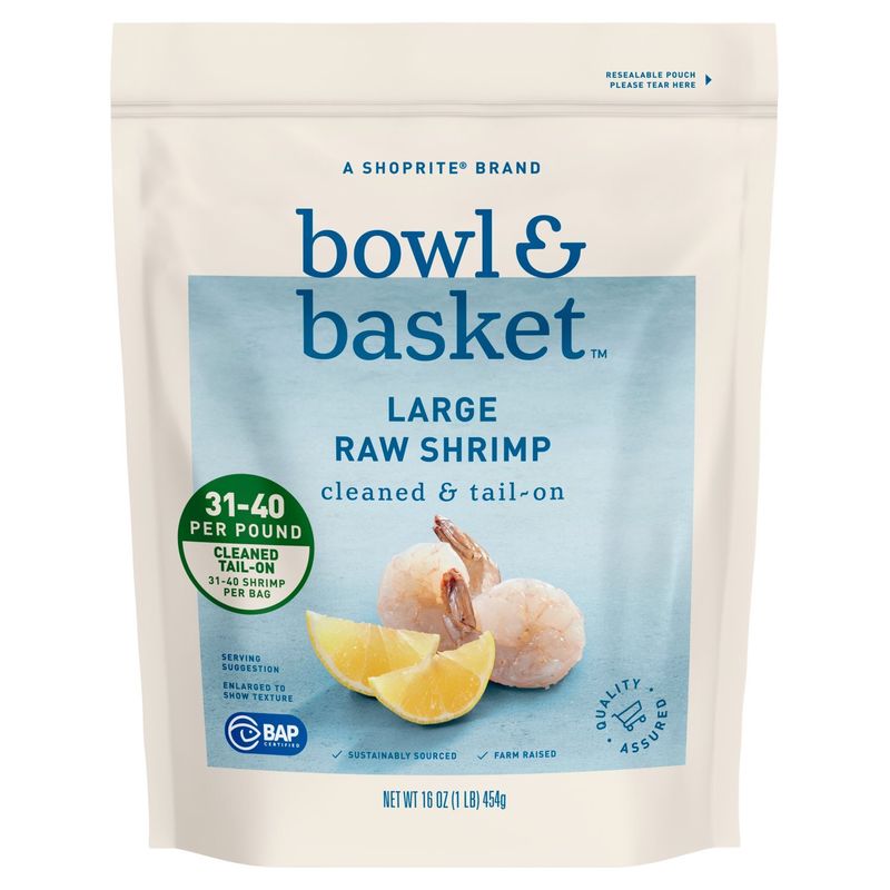 Bowl &amp; Basket Cleaned &amp; Tail-On Raw Shrimp, Large, 31-40 shrimp per bag, 16 oz