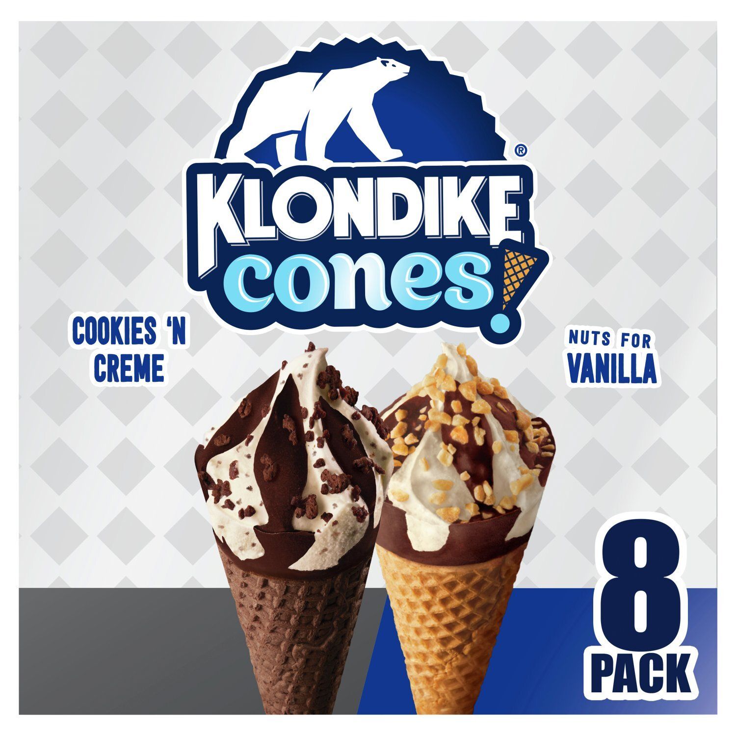 Klondike Nuts for Vanilla &amp; Cookies &#39;N Cream Frozen Dairy Dessert Cones 3.75 fl oz, 8 count
