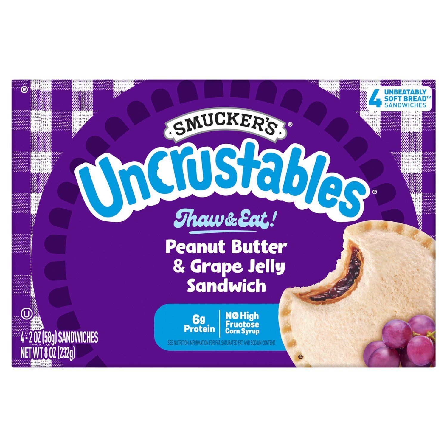 Smucker&#39;s Uncrustables Peanut Butter &amp; Grape Jelly Sandwich, 2 oz, 4 count