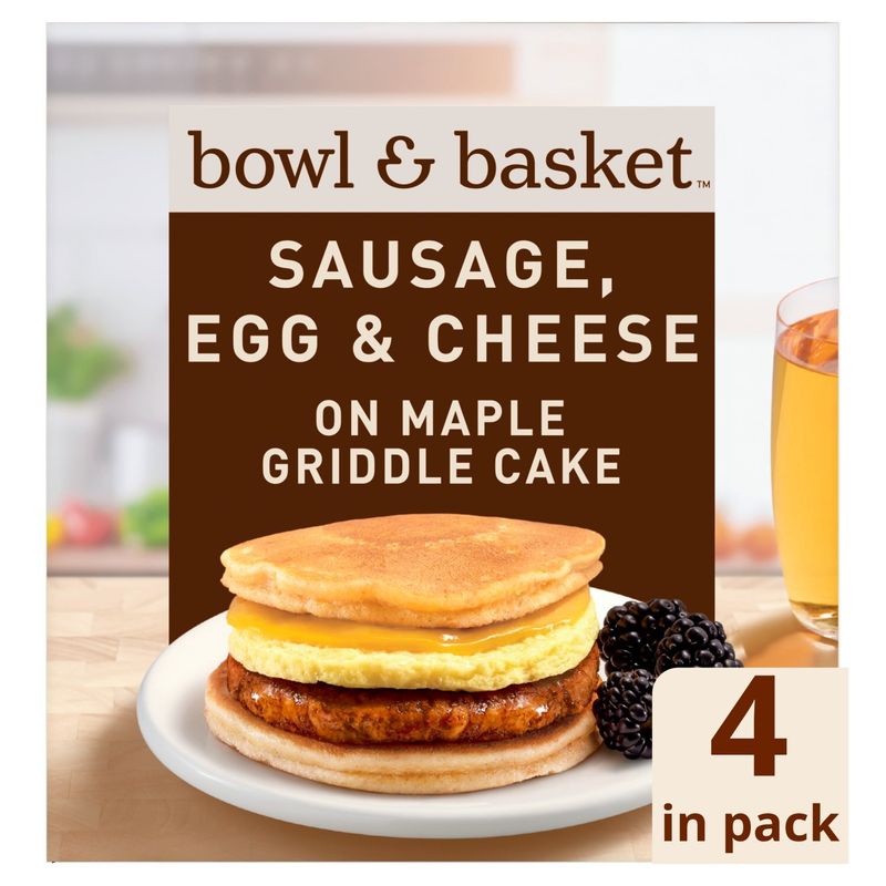 Bowl &amp; Basket Sausage, Egg &amp; Cheese on Maple Griddle Cake Sandwiches, 4.9 oz, 4 count