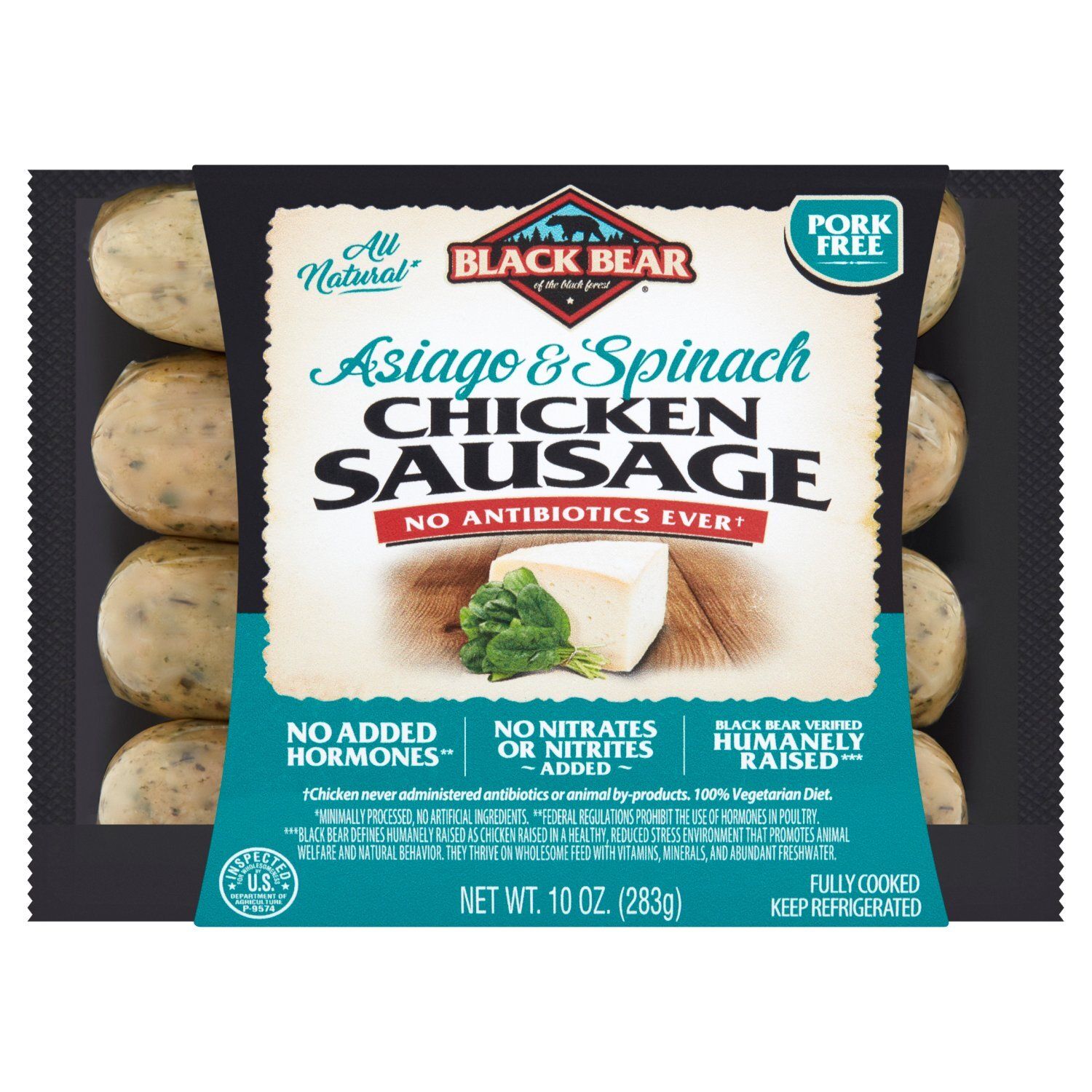 Black Bear Asiago &amp; Spinach Chicken Sausage, 10 oz