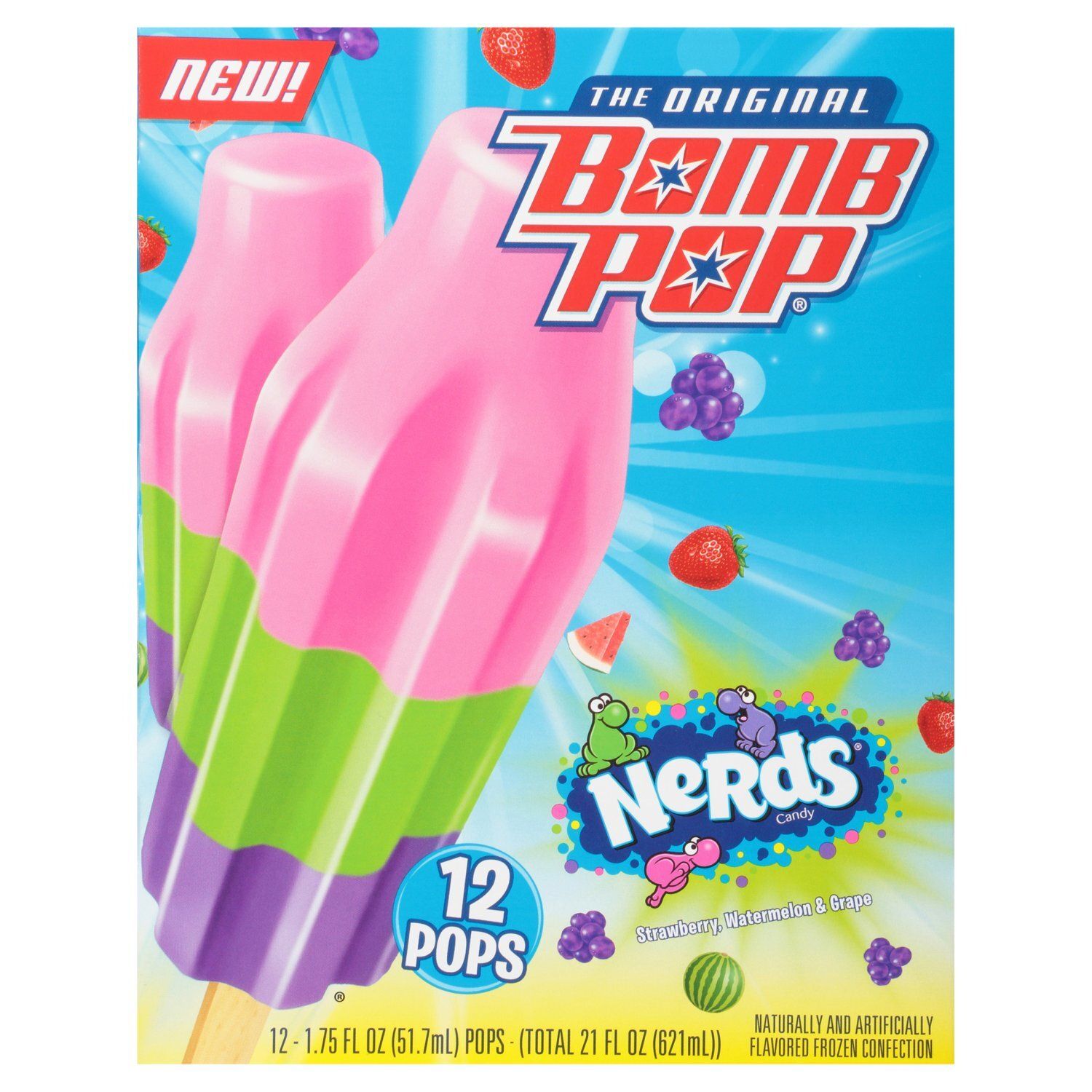 Bomb Pop The Original Nerds Strawberry, Watermelon &amp; Grape Pops, 1.75 fl oz, 12 count